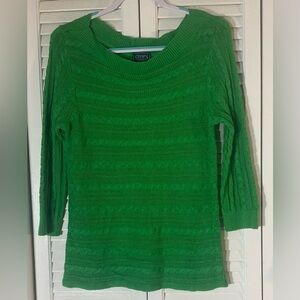 Chaps Classic Kelly Green Cable Knit Sweater, Size L, Linen/Cotton Blend